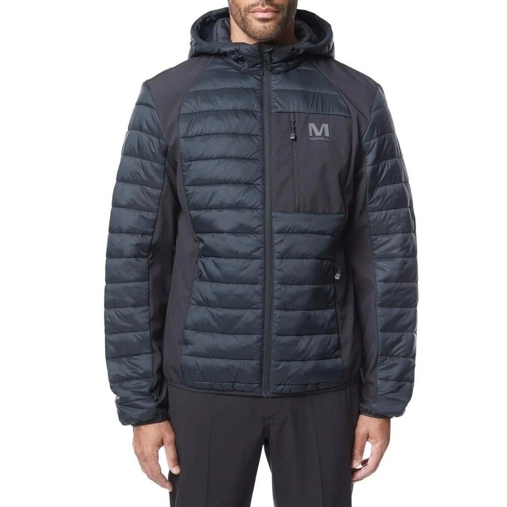 Merrell Men's Hooded Mixed Media Puffer Softshell Jacket, Black, XL‎
